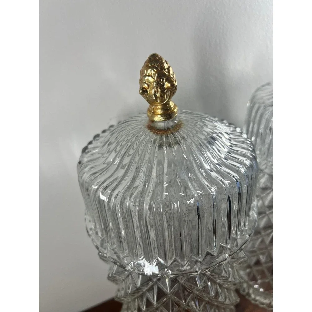 Vintage‎ Lamp Shades Diamond Point Glass Mid Century Clear Gold Finial Pair 12